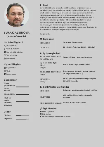 Çevre Mühendisi CV Örnekleri cv indir